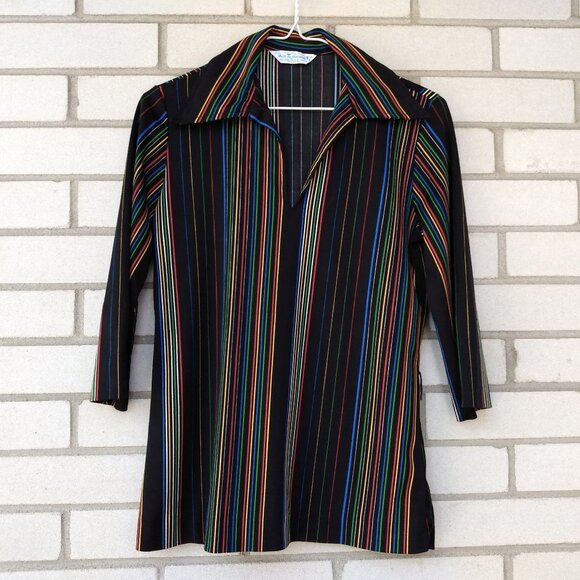Vintage 70s Tunic Top 35" Bust Black Stripes Butterfly Collar Miss Fashionality - Picture 1 of 11
